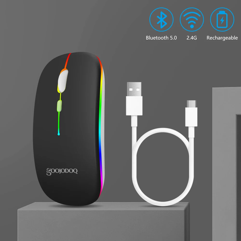 Mouse Sem Fio GOOJODOQ Dual Mode — Bluetooth + 2.4G, RGB, Recarregável, 1600DPI Silencioso