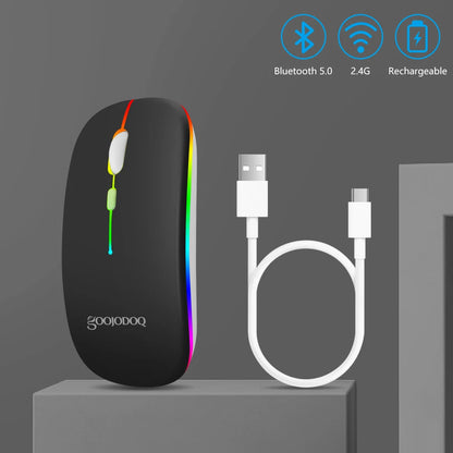 Mouse Sem Fio GOOJODOQ Dual Mode — Bluetooth + 2.4G, RGB, Recarregável, 1600DPI Silencioso
