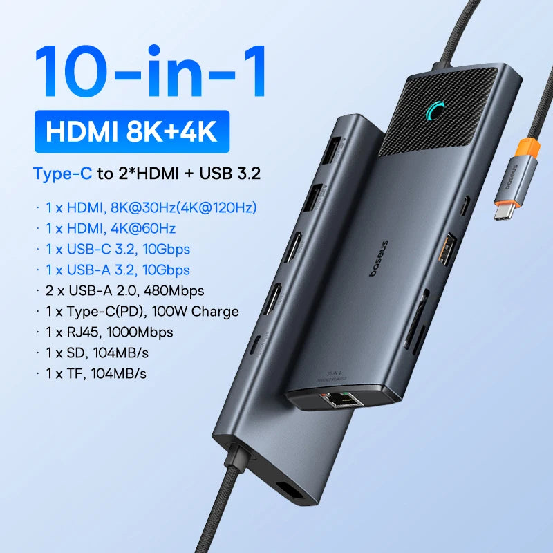 Hub USB-C Baseus 10 em 1 — Dual HDMI 8K+4K, USB 3.2 10Gbps, RJ45, SD/TF, PD 100W