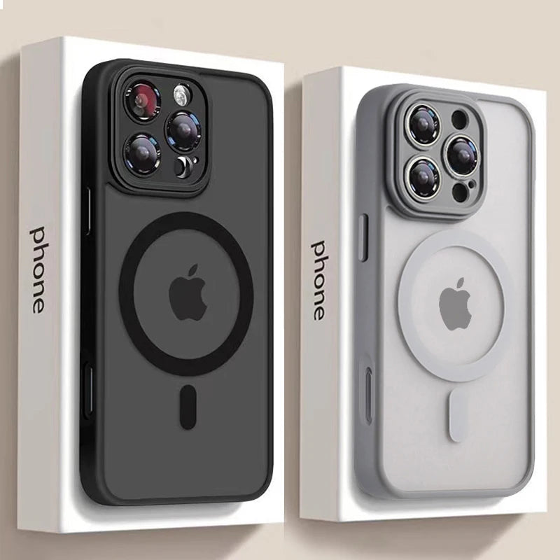 Capa Magnética de Luxo Fosca Translúcida — iPhone 11 ao 17 | MagSafe | Antichoque