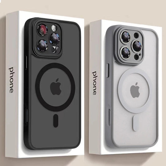 Capa Magnética de Luxo Fosca Translúcida — iPhone 11 ao 17 | MagSafe | Antichoque
