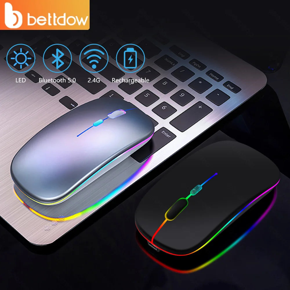 Mouse Sem Fio Recarregável Bettdow — Bluetooth + 2.4G, RGB, 1600DPI