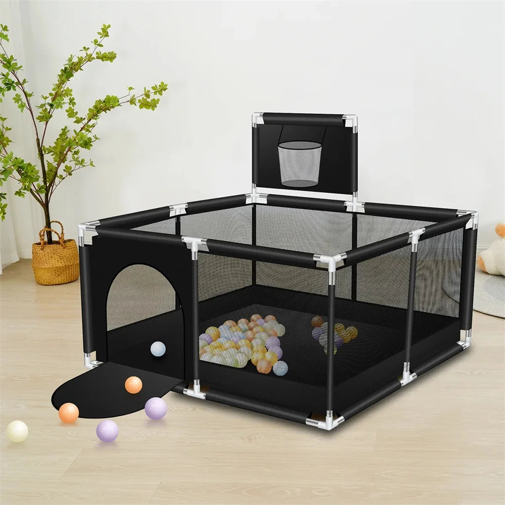 ANGDUO Baby Playpen Large 50 inch Baby Playard with Basketball Hoop and Breathable Mesh Baby Fence Game Center for Kids Black