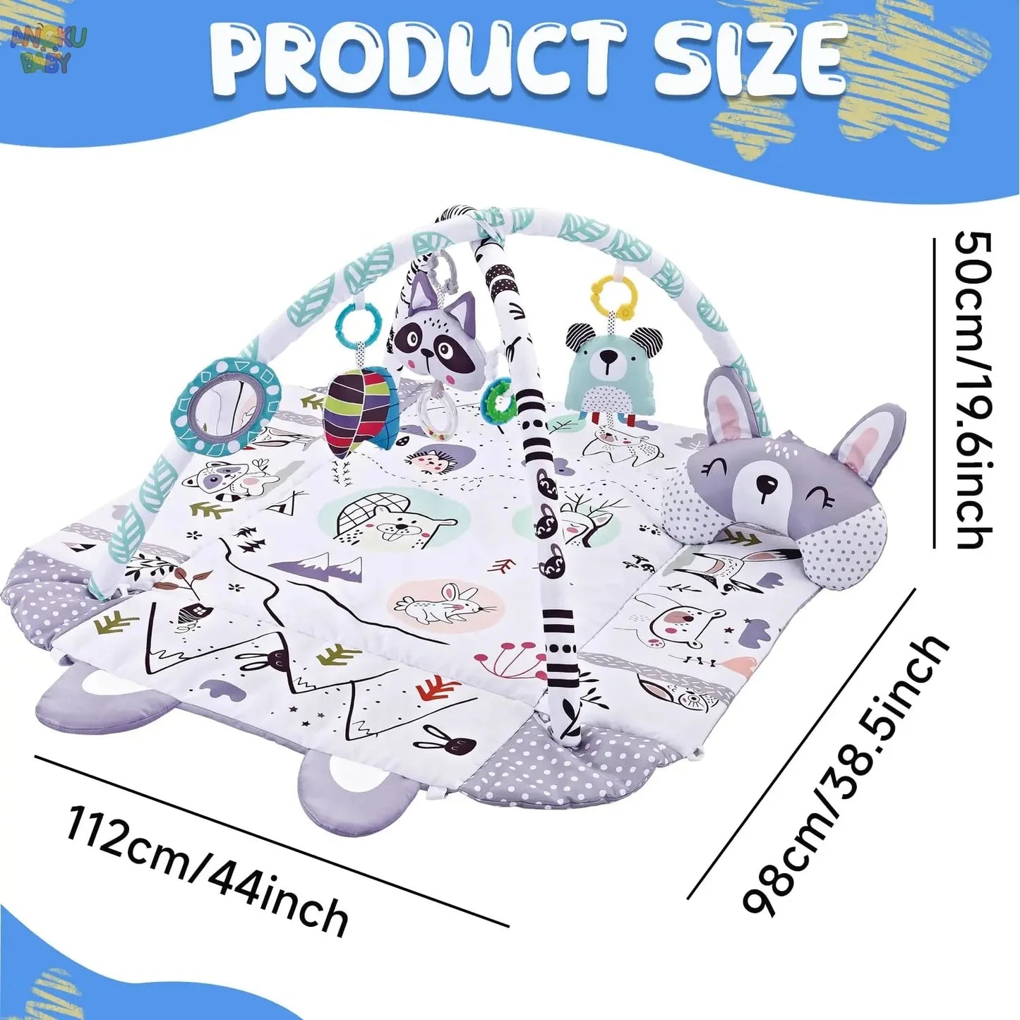 4 in 1 Baby Gym Tummy Time Play Mat Foldable Baby Play Gym with Mirror & Pillow Thickened Gym for Babies 0-36 M Educational Toy