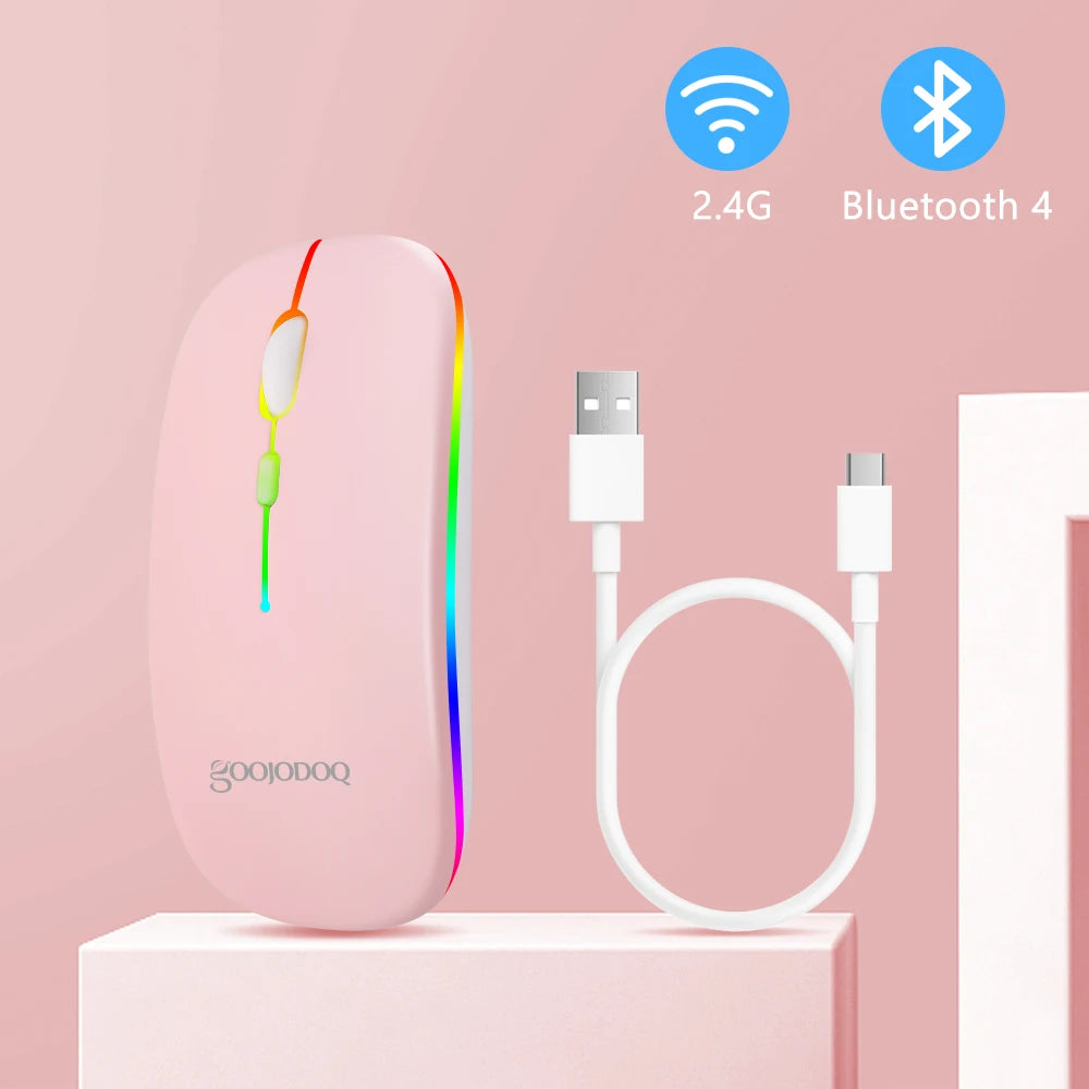 Mouse Sem Fio GOOJODOQ Dual Mode — Bluetooth + 2.4G, RGB, Recarregável, 1600DPI Silencioso