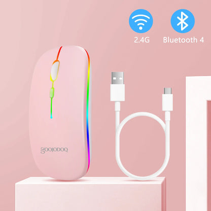 Mouse Sem Fio GOOJODOQ Dual Mode — Bluetooth + 2.4G, RGB, Recarregável, 1600DPI Silencioso