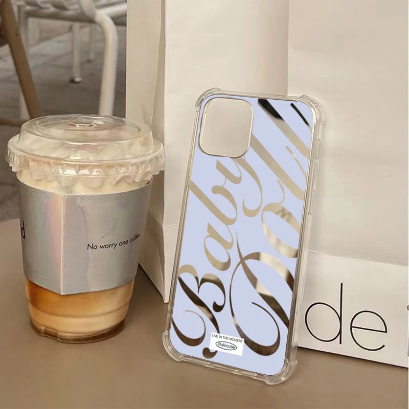 Blue Silver Plated Mirror English Phone Case For iPhone 17 16 Pro Max 15 14 13 12 11 Pro XS X XR 7 8 Plus Shockproof Soft Cover
