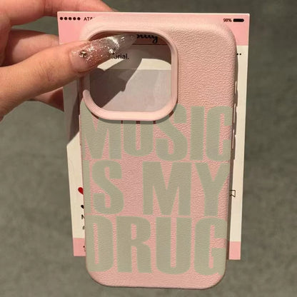 For iPhone 17 Pro Max 16 15 14 13 12 11 XS X XR 7 8 16 Plus 17 Air Phone Case MUSIC IS MY DRUG Pattern Lychee Texture Soft Cover
