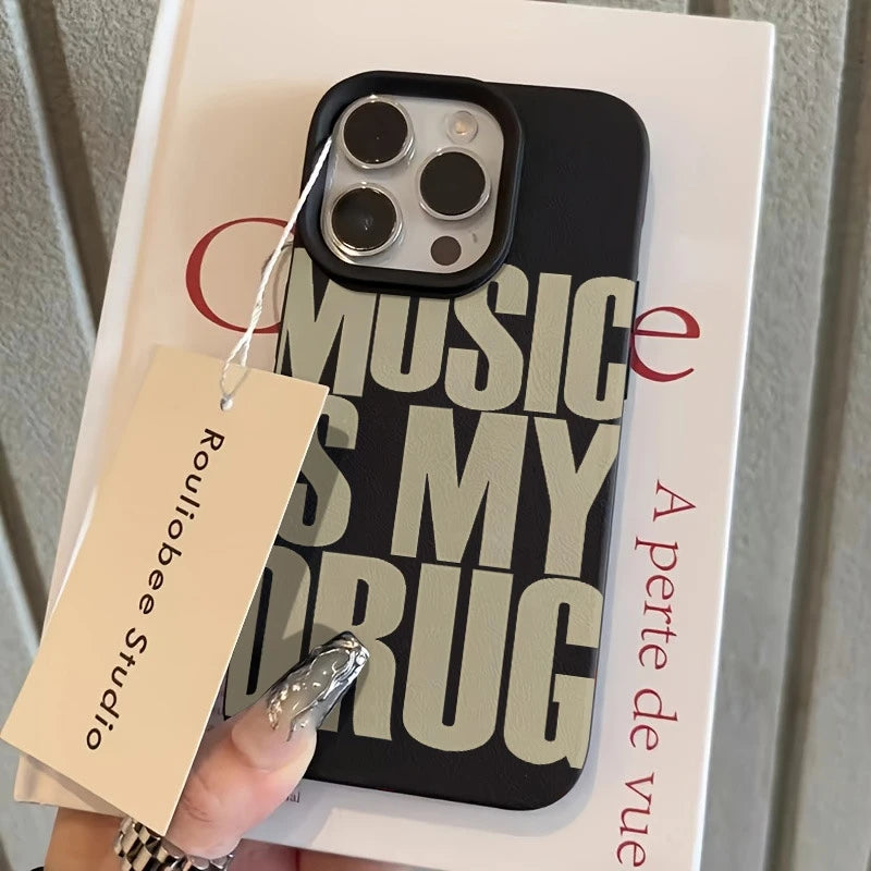 For iPhone 17 Pro Max 16 15 14 13 12 11 XS X XR 7 8 16 Plus 17 Air Phone Case MUSIC IS MY DRUG Pattern Lychee Texture Soft Cover