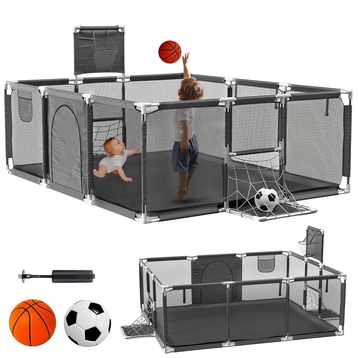 Baby Playpen with Breathable Net, with Basketball Basket and Football Frame, Foldable Activity Centre For Baby, 182 x 122 cm