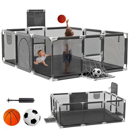 Baby Playpen with Breathable Net, with Basketball Basket and Football Frame, Foldable Activity Centre For Baby, 182 x 122 cm